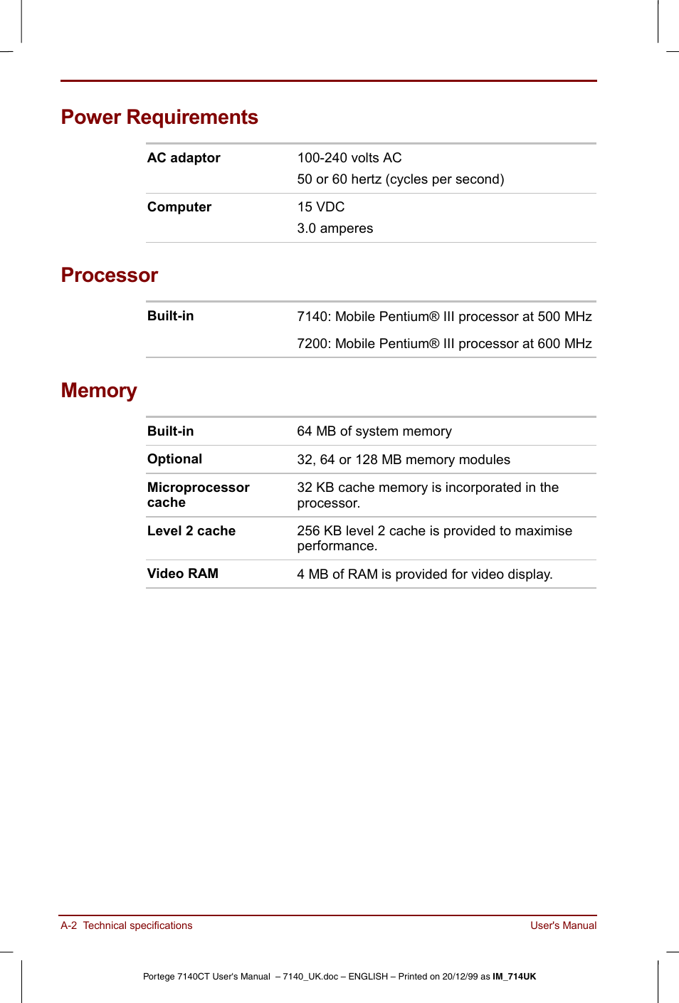 Power requirements, Processor | Toshiba Portege 7140 User Manual | Page 144 / 196