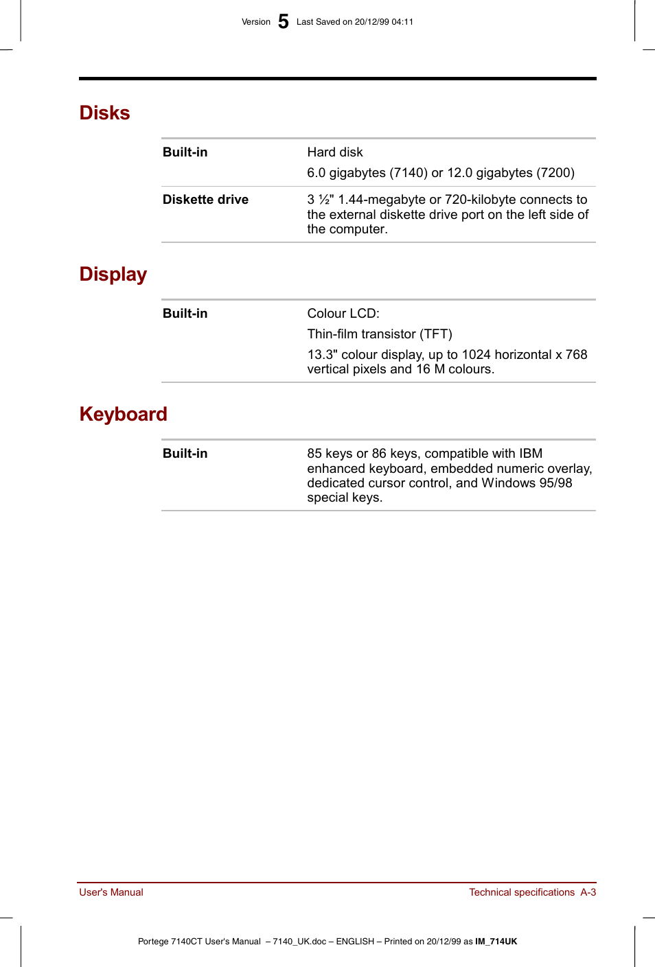 Disks, Display, Keyboard | Toshiba Portege 7140 User Manual | Page 145 / 196