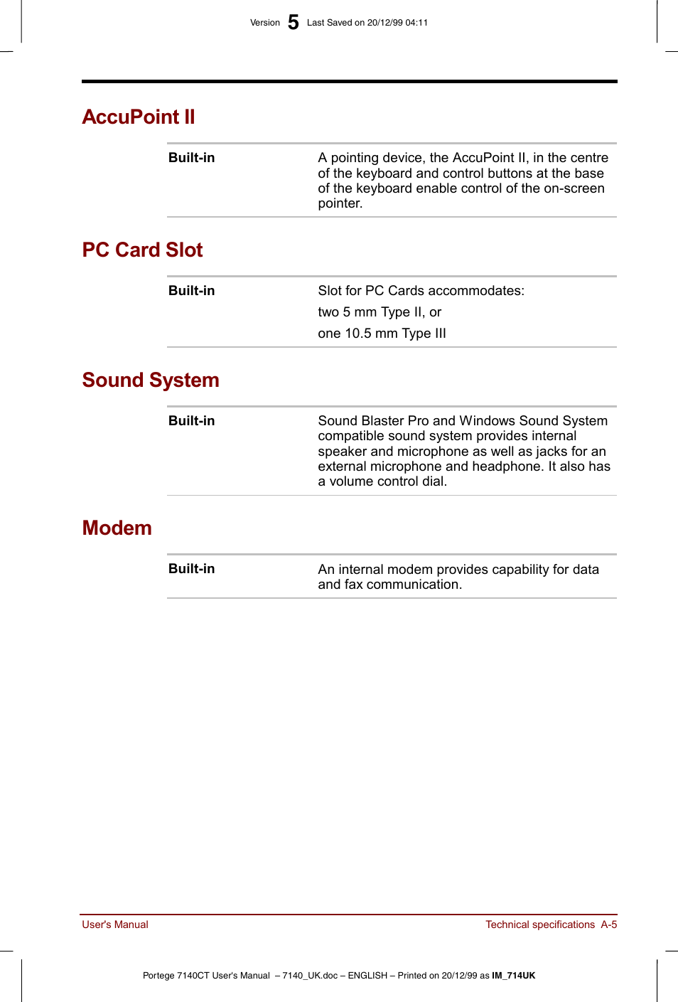 Accupoint ii, Pc card slot, Sound system | Modem | Toshiba Portege 7140 User Manual | Page 147 / 196