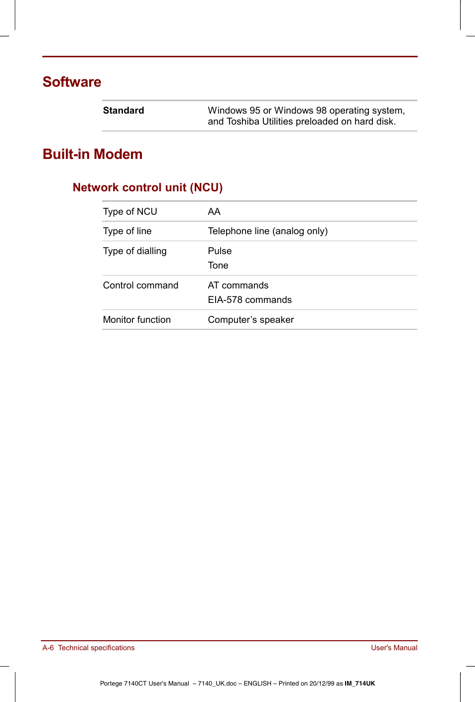 Software, Built-in modem, Network control unit (ncu) | Toshiba Portege 7140 User Manual | Page 148 / 196