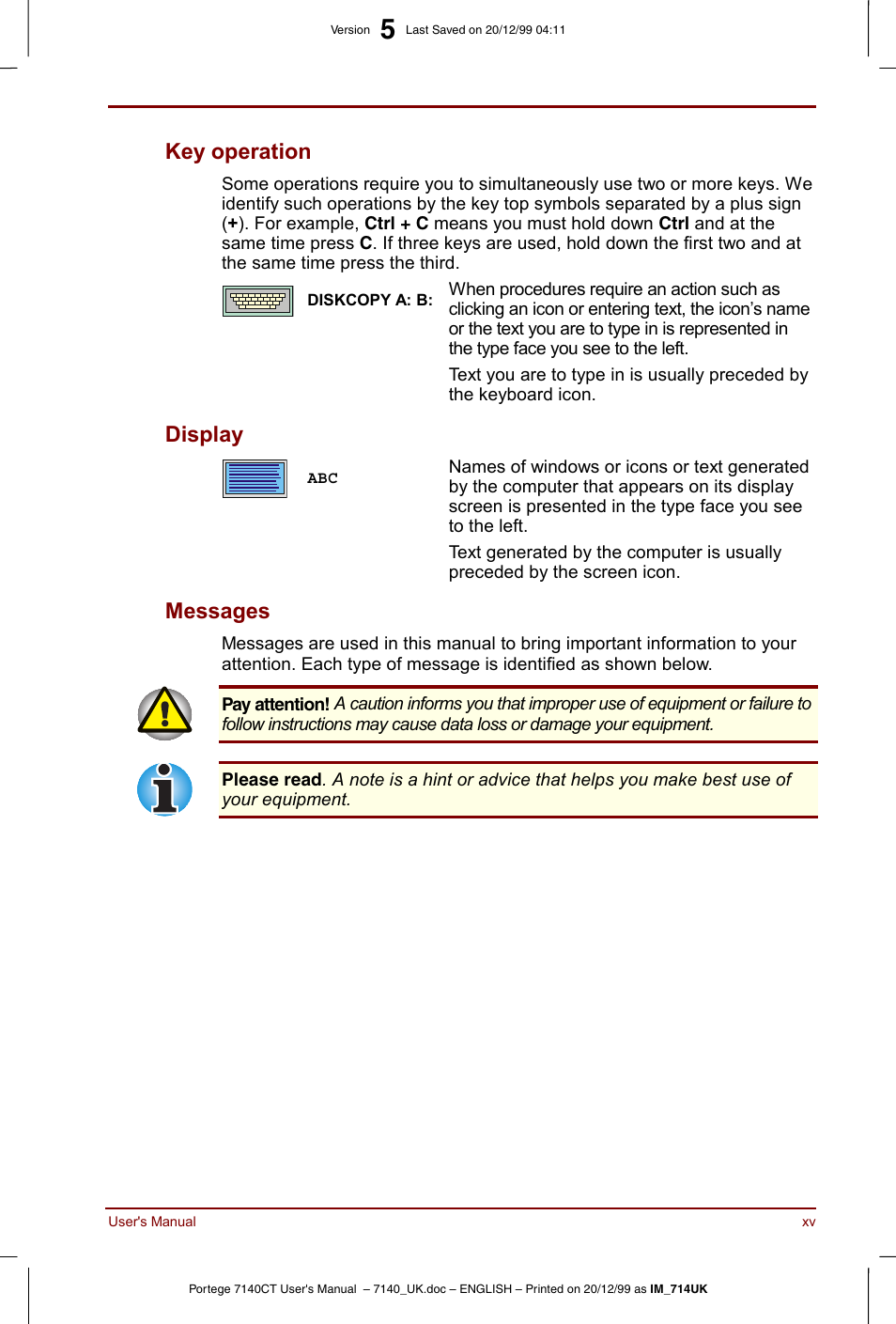 Key operation, Display, Messages | Toshiba Portege 7140 User Manual | Page 15 / 196