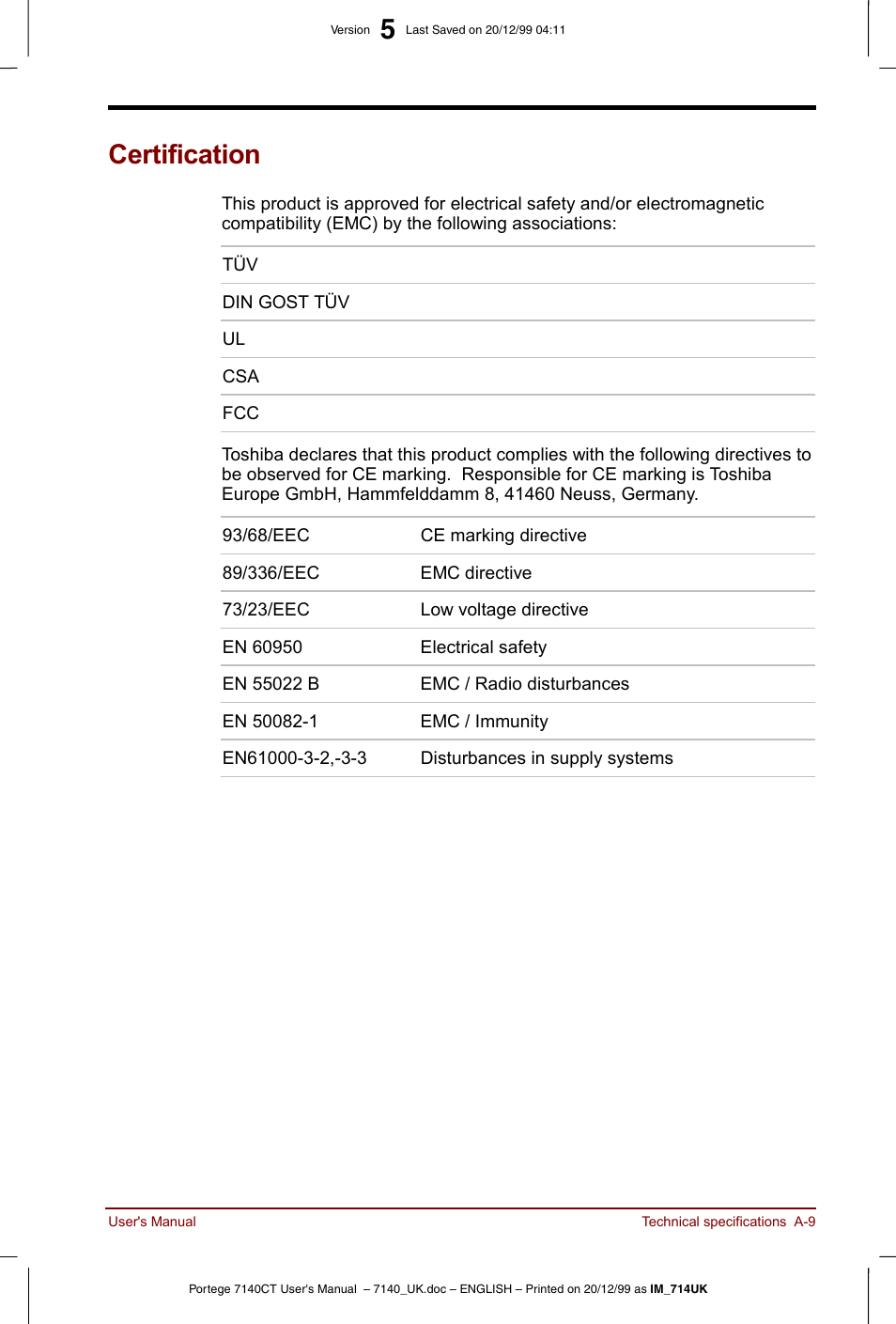 Certification | Toshiba Portege 7140 User Manual | Page 151 / 196