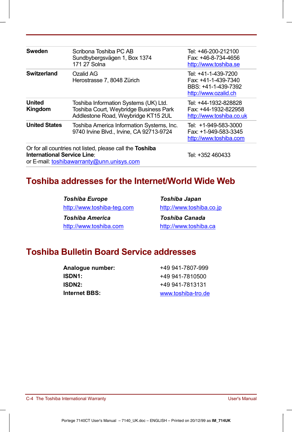 Toshiba addresses for the internet/world wide web, Toshiba bulletin board service addresses | Toshiba Portege 7140 User Manual | Page 158 / 196