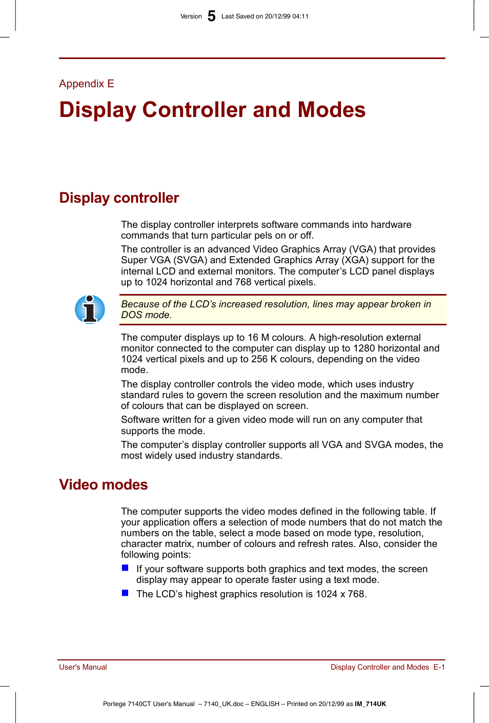 Appendix e, Display controller and modes, Display controller | Video modes | Toshiba Portege 7140 User Manual | Page 165 / 196