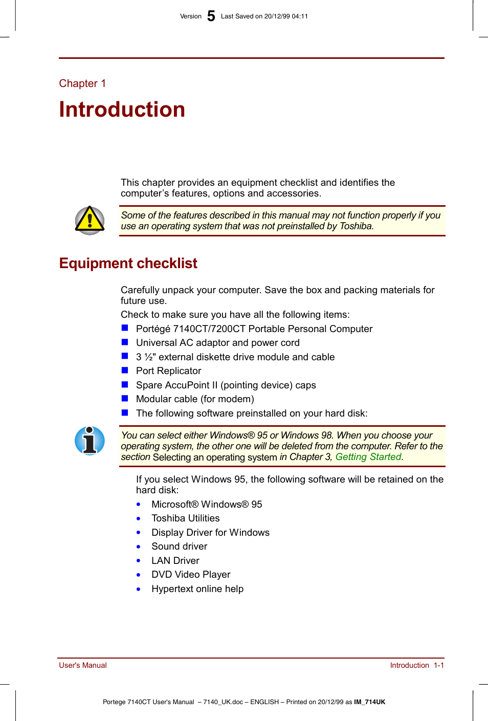 Chapter 1, Introduction, Equipment checklist | Chapter 1: introduction, Equipment checklist -1, Er the, Section of the, To learn about features that are, Hapter 1, Is an ov | Toshiba Portege 7140 User Manual | Page 17 / 196