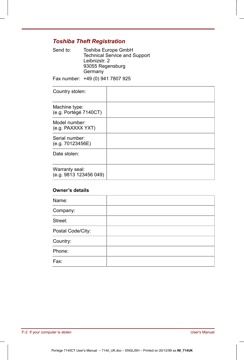 Toshiba theft registration | Toshiba Portege 7140 User Manual | Page 170 / 196