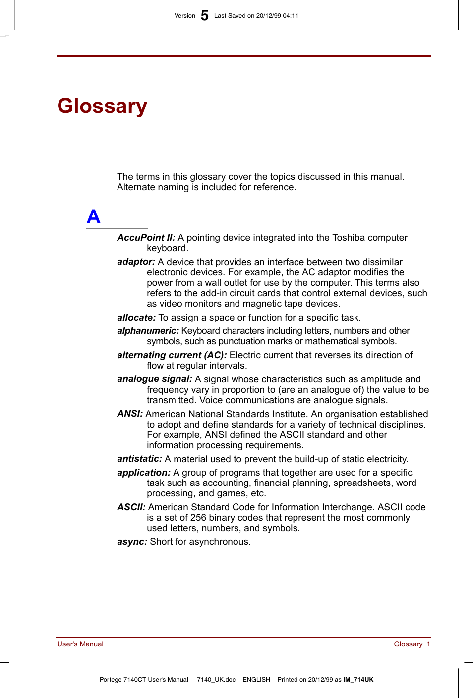 Glossary, Defines general computer terminology | Toshiba Portege 7140 User Manual | Page 177 / 196