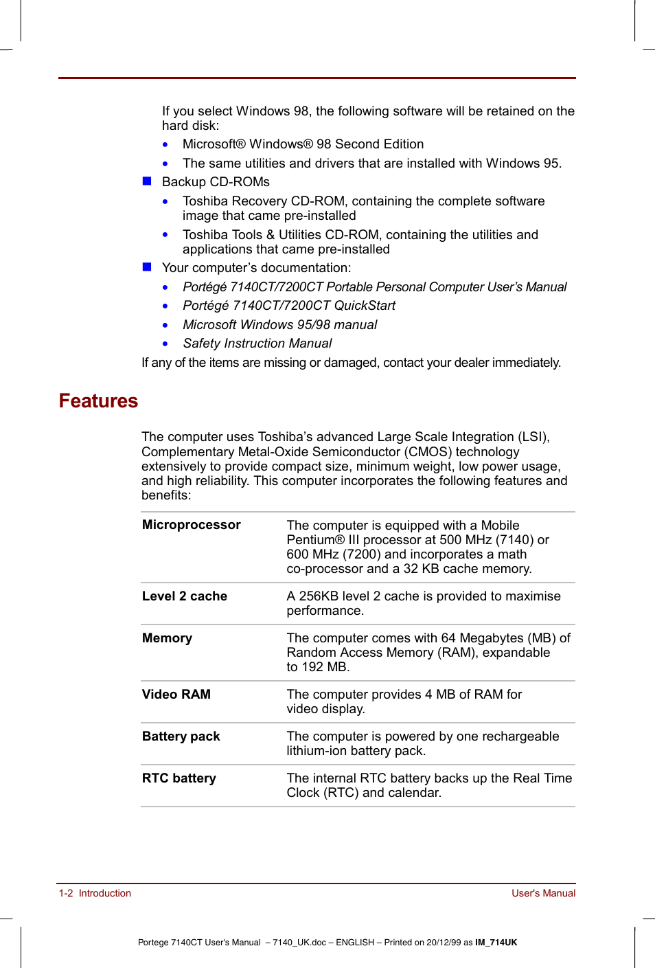 Features, Features -2 | Toshiba Portege 7140 User Manual | Page 18 / 196