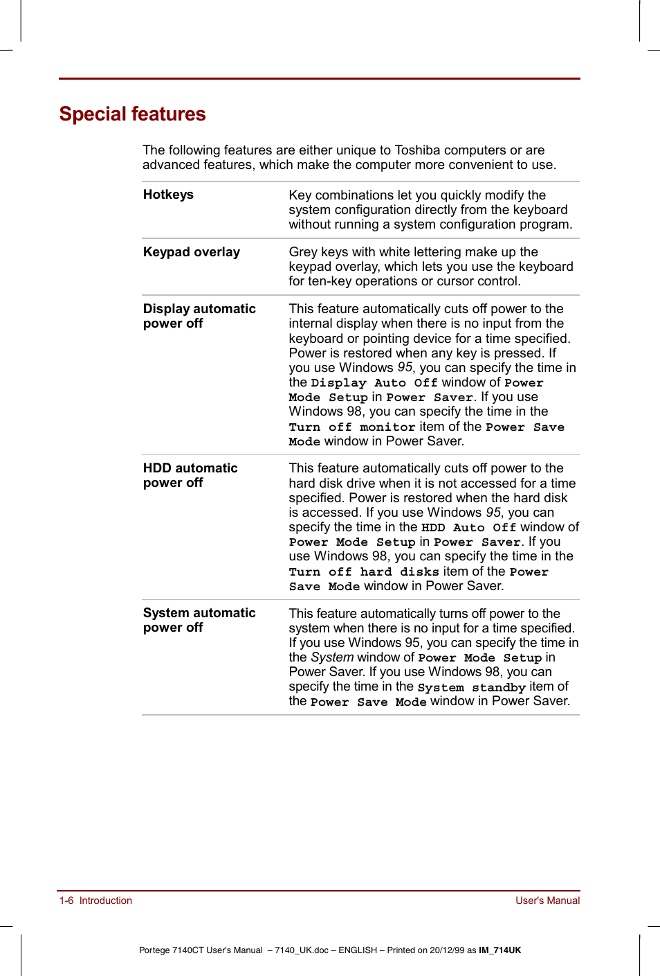 Special features, Special features -6 | Toshiba Portege 7140 User Manual | Page 22 / 196