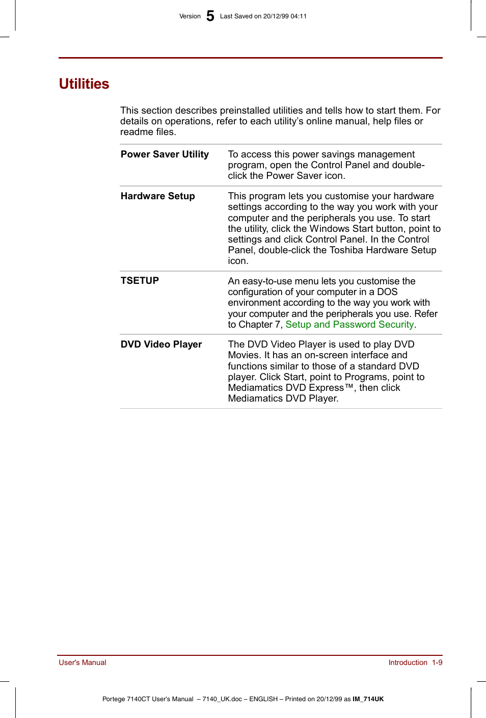 Utilities, Utilities -9 | Toshiba Portege 7140 User Manual | Page 25 / 196