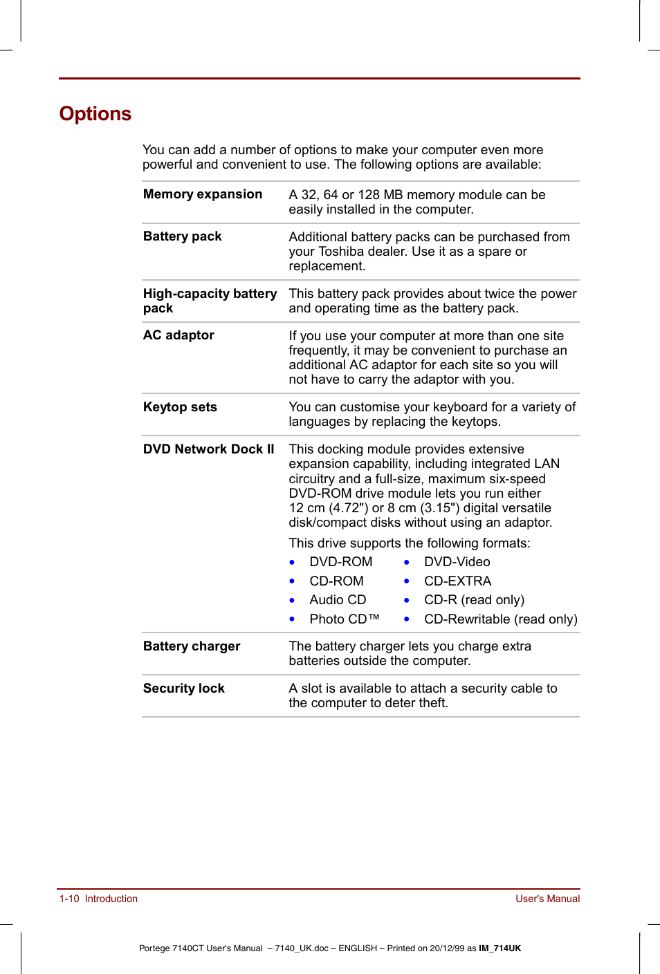 Options, Options -10 | Toshiba Portege 7140 User Manual | Page 26 / 196