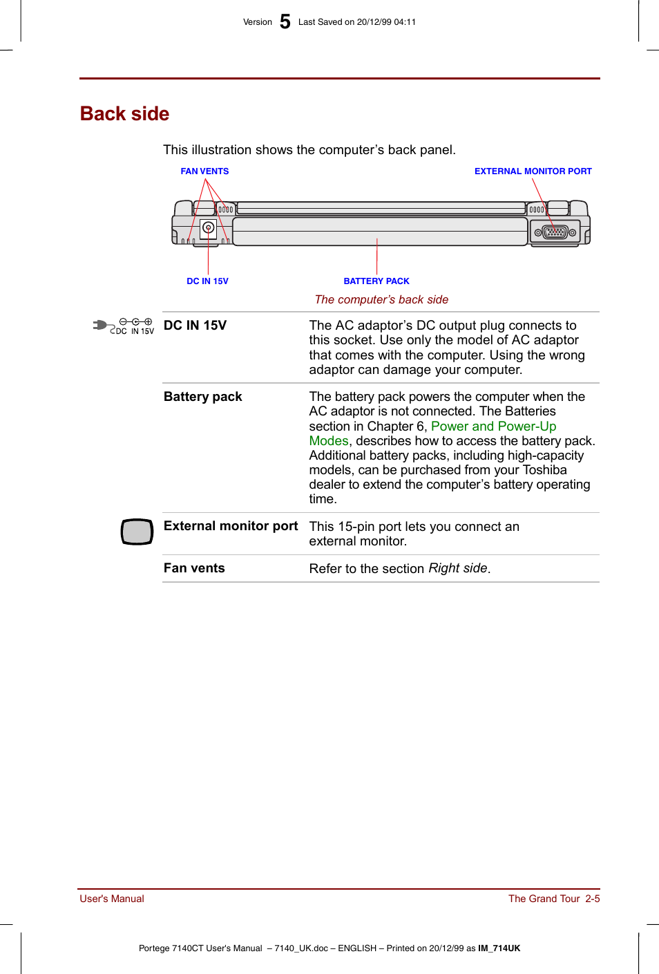 Back side, Back side -5 | Toshiba Portege 7140 User Manual | Page 31 / 196