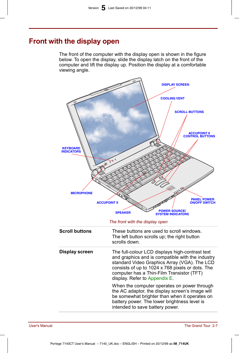 Front with the display open, Front with the display open -7 | Toshiba Portege 7140 User Manual | Page 33 / 196