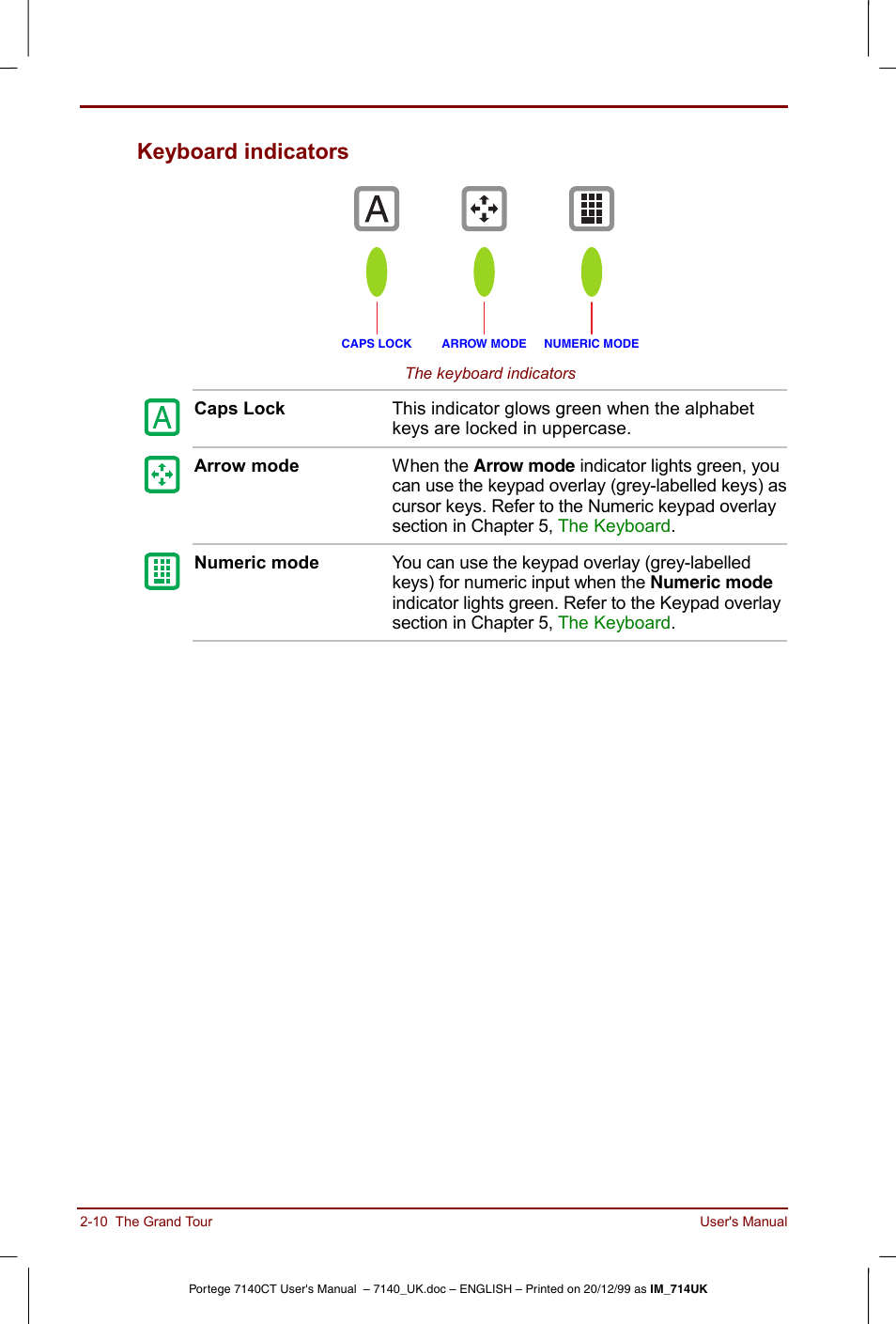 Keyboard indicators -10, Keyboard indicators | Toshiba Portege 7140 User Manual | Page 36 / 196