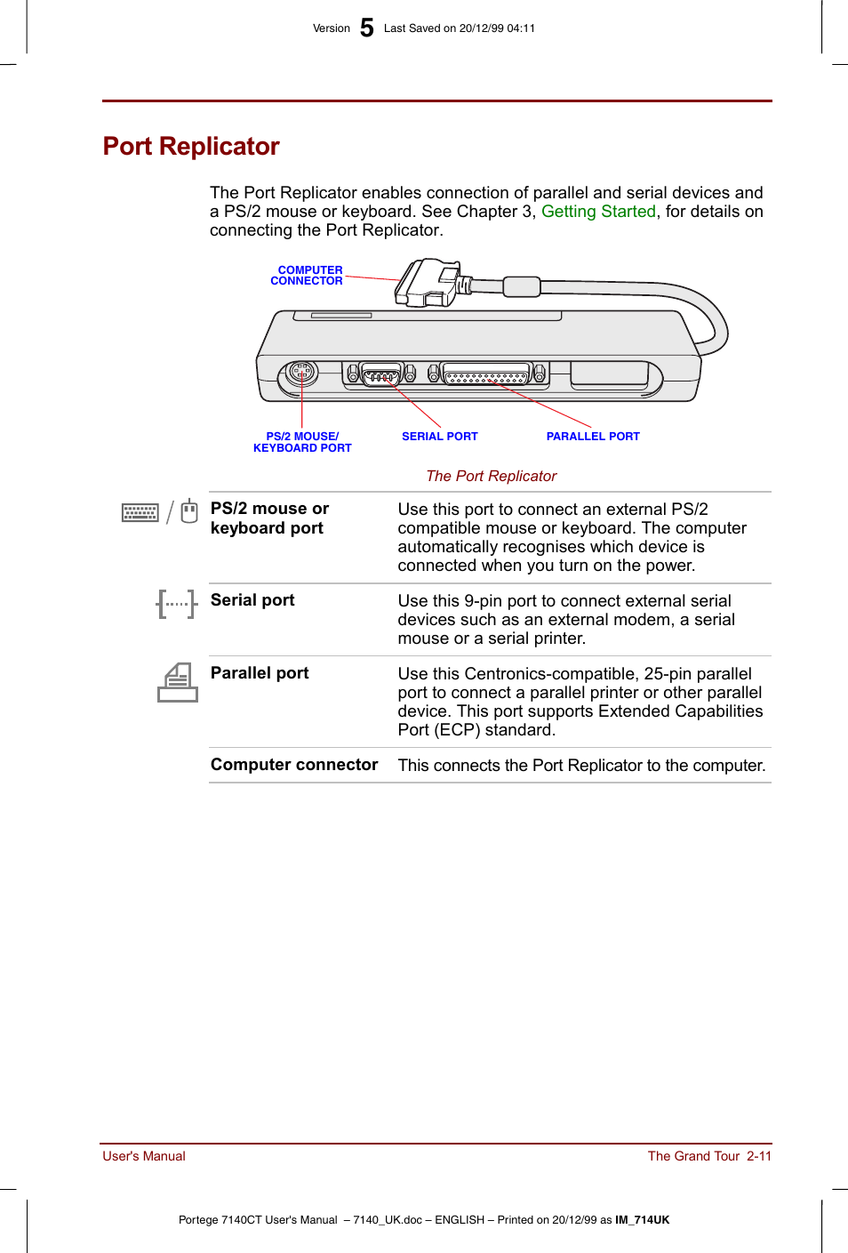 Port replicator, Port replicator -11 | Toshiba Portege 7140 User Manual | Page 37 / 196