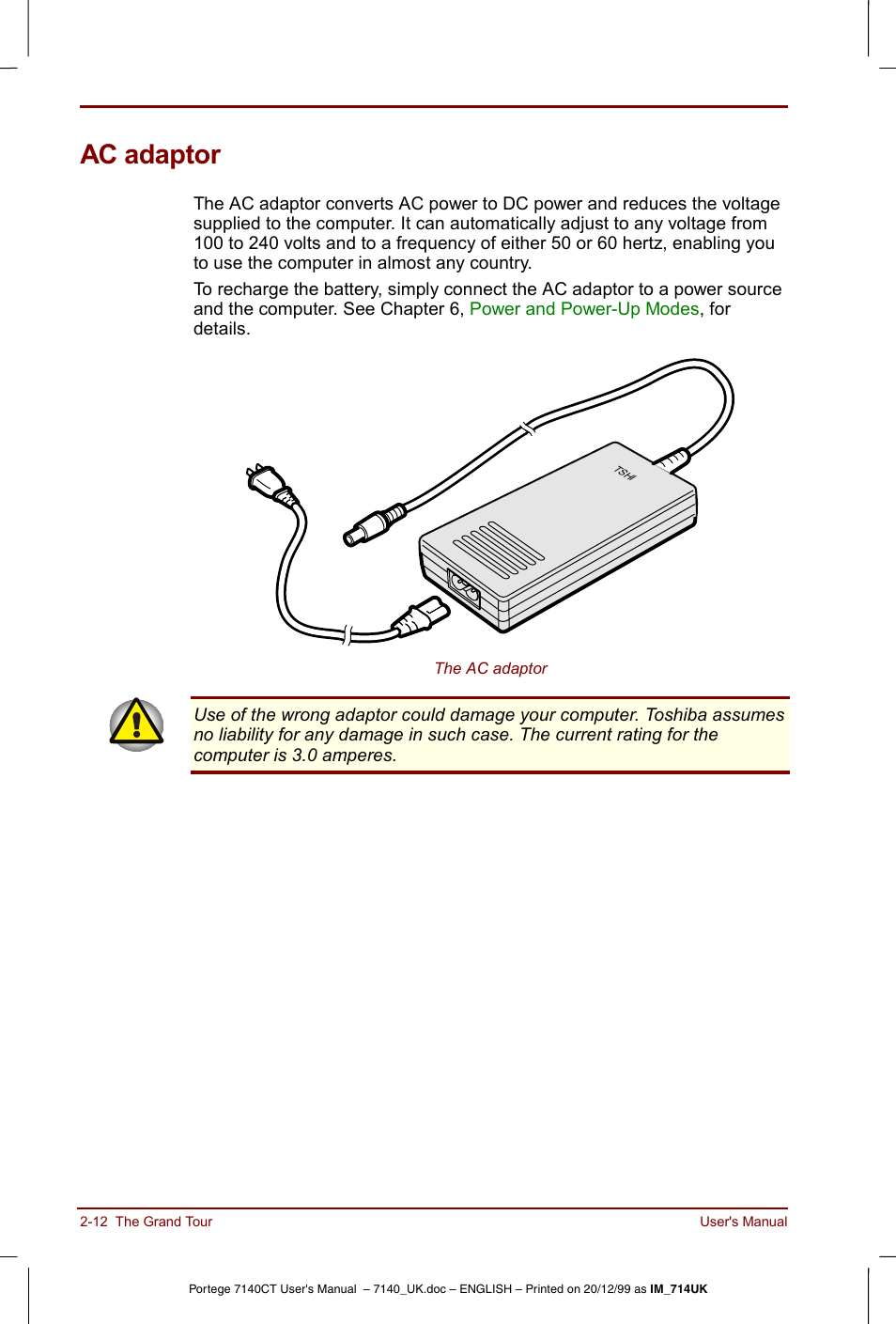 Ac adaptor, Ac adaptor -12 | Toshiba Portege 7140 User Manual | Page 38 / 196