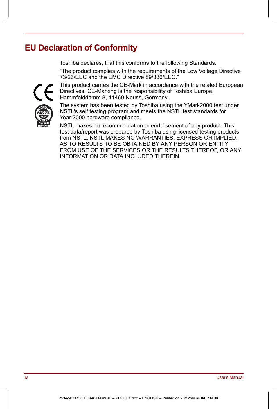 Eu declaration of conformity | Toshiba Portege 7140 User Manual | Page 4 / 196