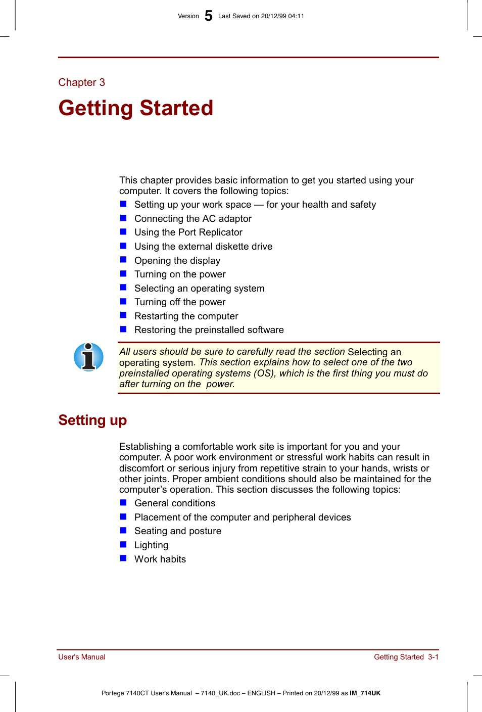 Chapter 3, Getting started, Setting up | Chapter 3: getting started, Setting up -1, For step-by, Hapter 3, Prov | Toshiba Portege 7140 User Manual | Page 41 / 196
