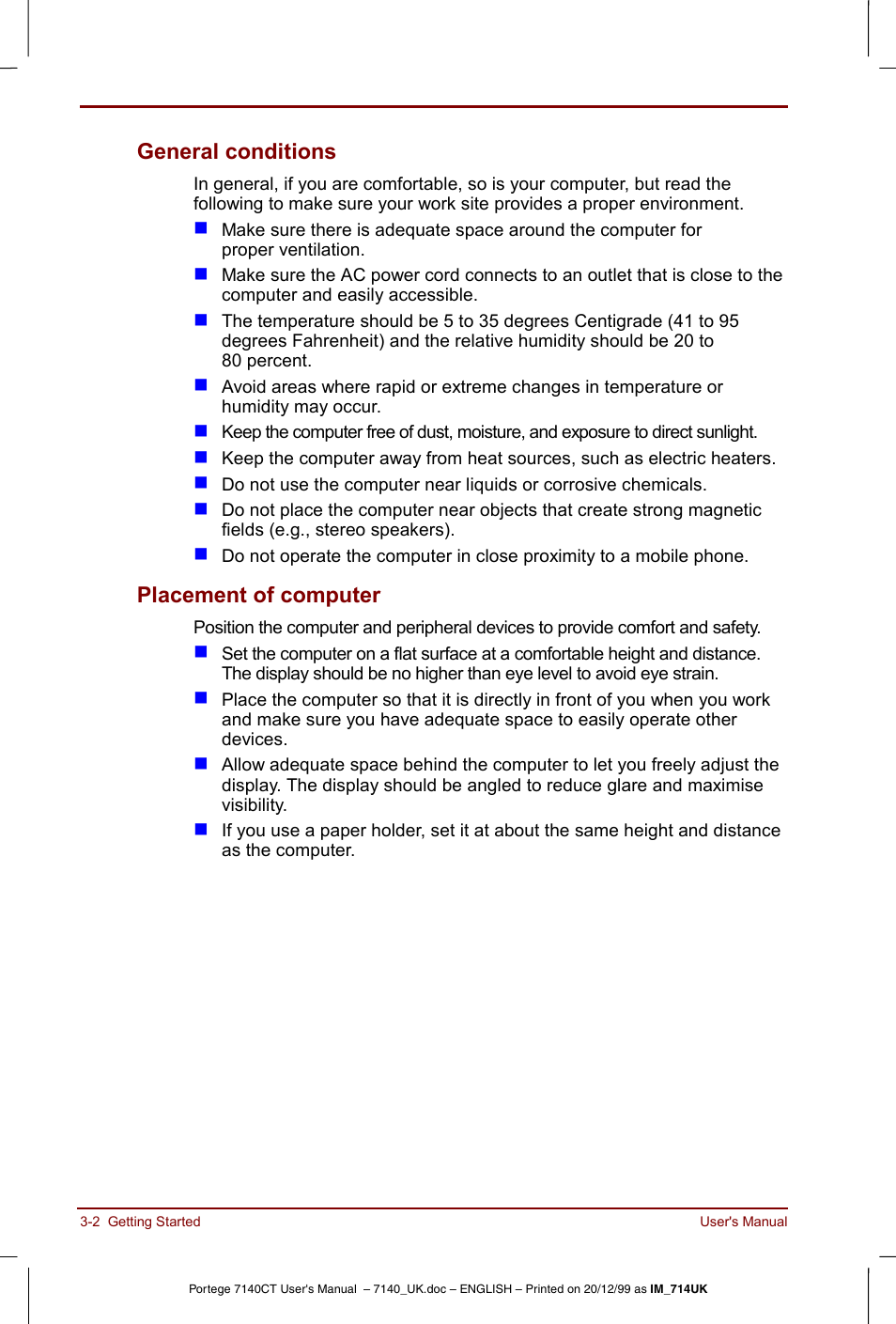 General conditions -2 placement of computer -2, General conditions, Placement of computer | Toshiba Portege 7140 User Manual | Page 42 / 196