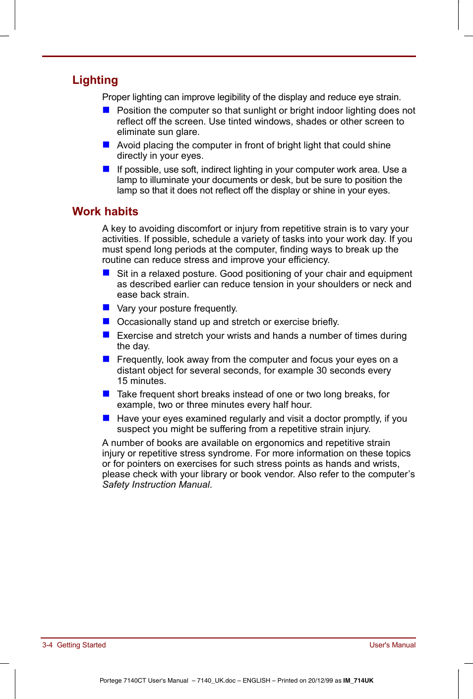 Lighting -4 work habits -4, Lighting, Work habits | Toshiba Portege 7140 User Manual | Page 44 / 196