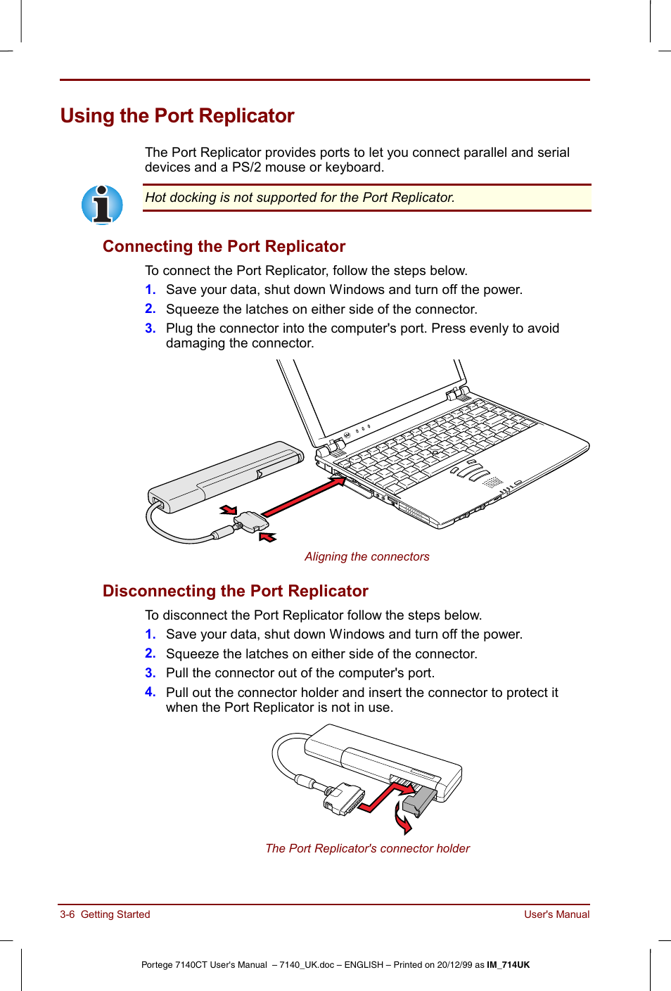 Using the port replicator, Using the port replicator -6, Connecting the port replicator | Disconnecting the port replicator | Toshiba Portege 7140 User Manual | Page 46 / 196