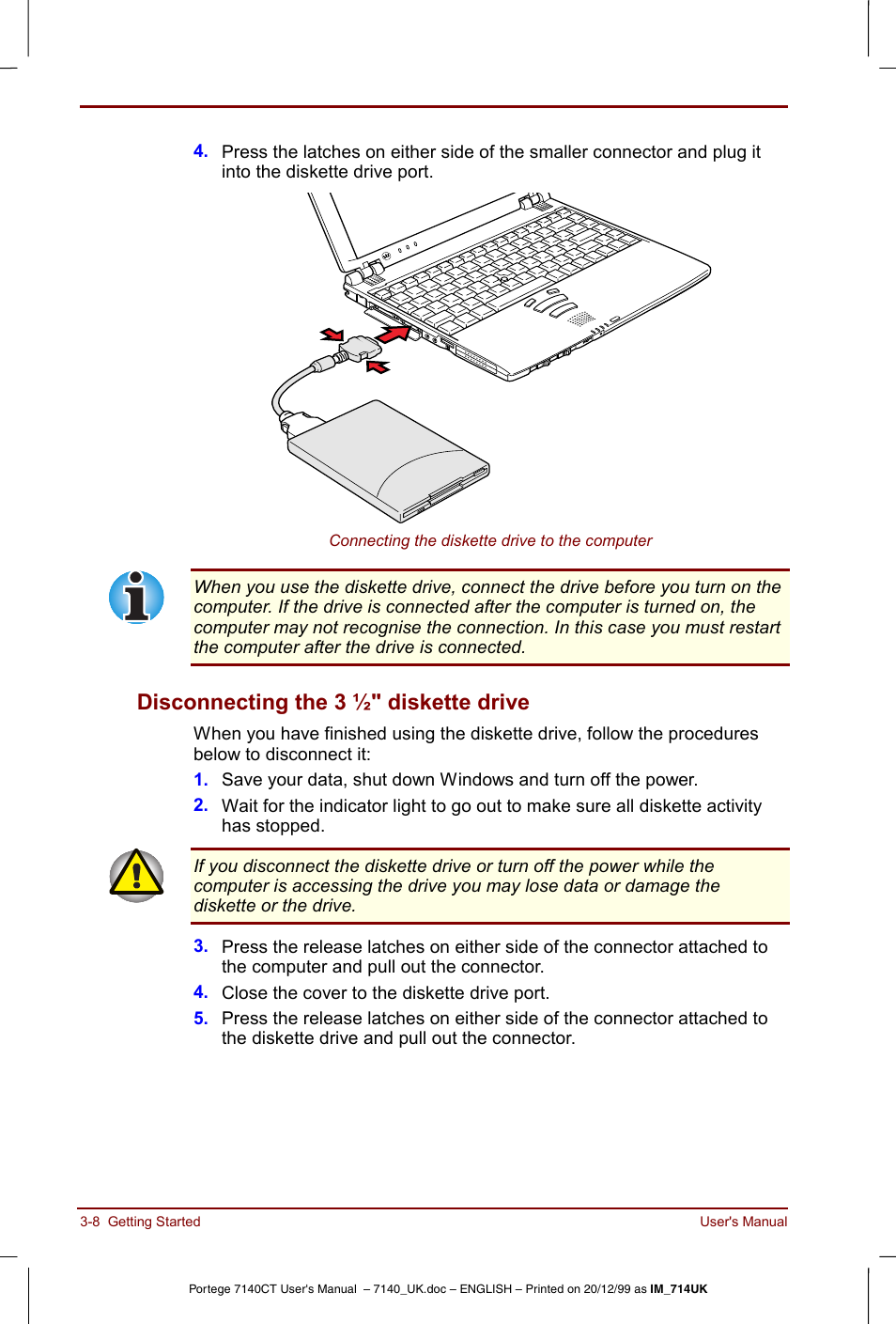 Disconnecting the 3 ½" diskette drive -8, Disconnecting the 3 ½" diskette drive | Toshiba Portege 7140 User Manual | Page 48 / 196