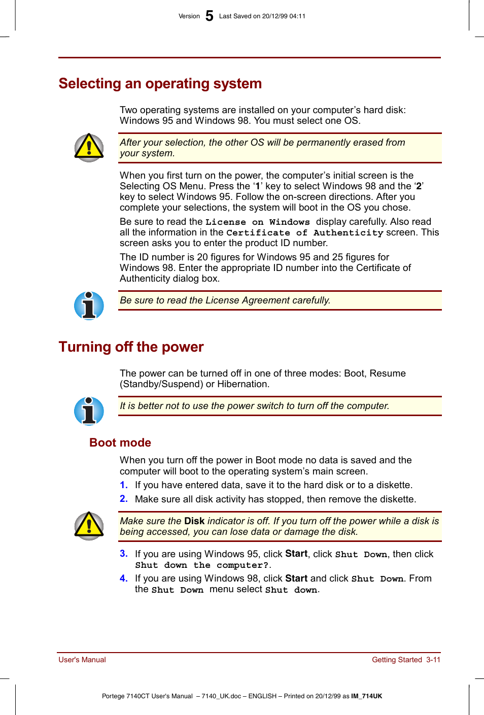 Selecting an operating system, Turning off the power, Boot mode -11 | Boot mode | Toshiba Portege 7140 User Manual | Page 51 / 196