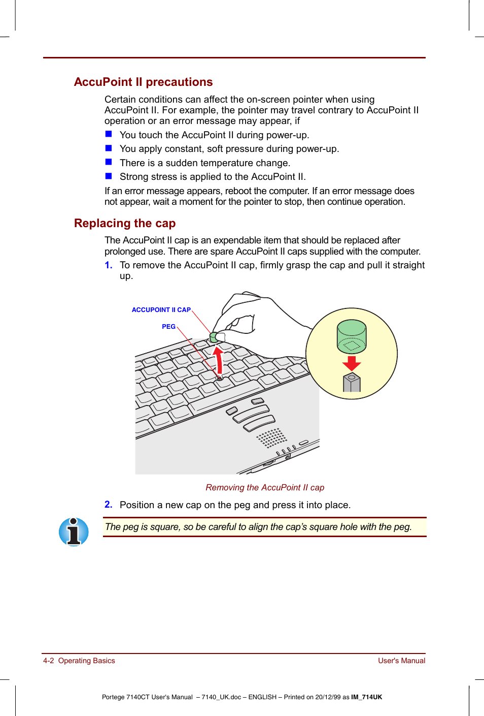 Accupoint ii precautions -2 replacing the cap -2, Accupoint ii precautions, Replacing the cap | Toshiba Portege 7140 User Manual | Page 56 / 196