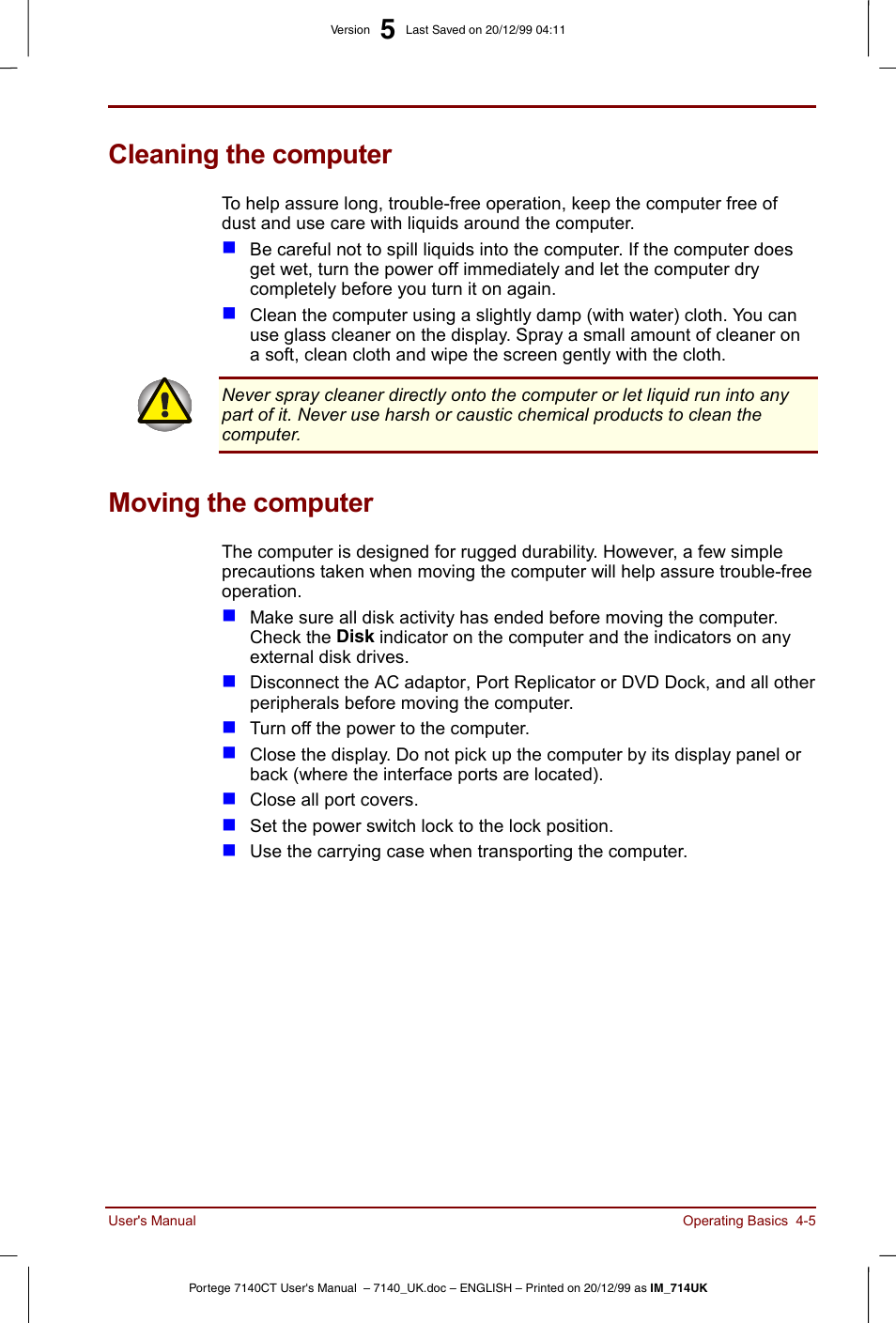 Cleaning the computer, Moving the computer, Cleaning the computer -5 moving the computer -5 | Toshiba Portege 7140 User Manual | Page 59 / 196