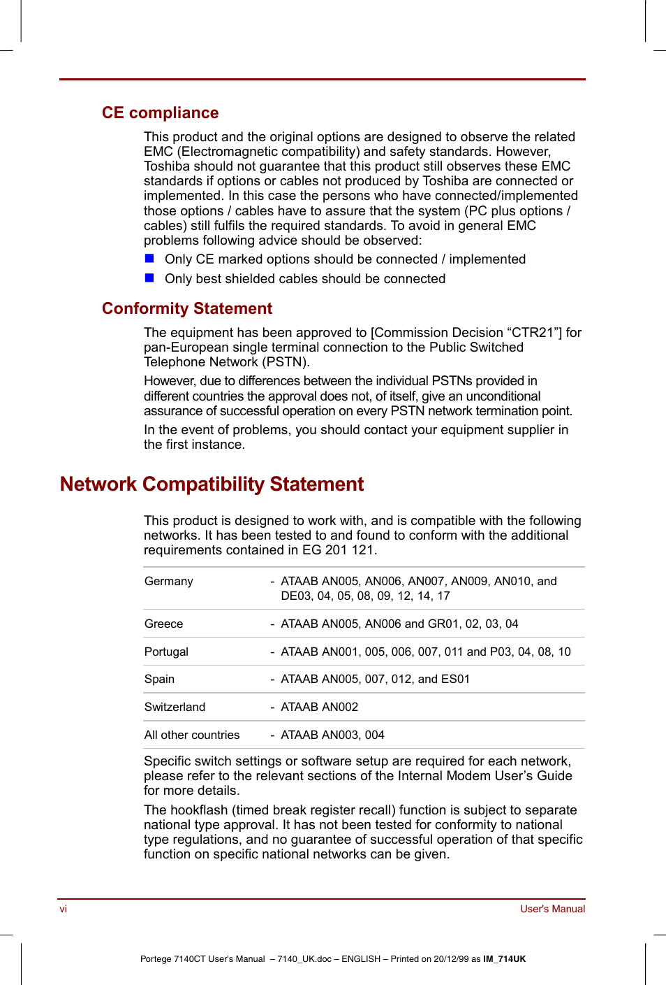 Network compatibility statement, Ce compliance, Conformity statement | Toshiba Portege 7140 User Manual | Page 6 / 196