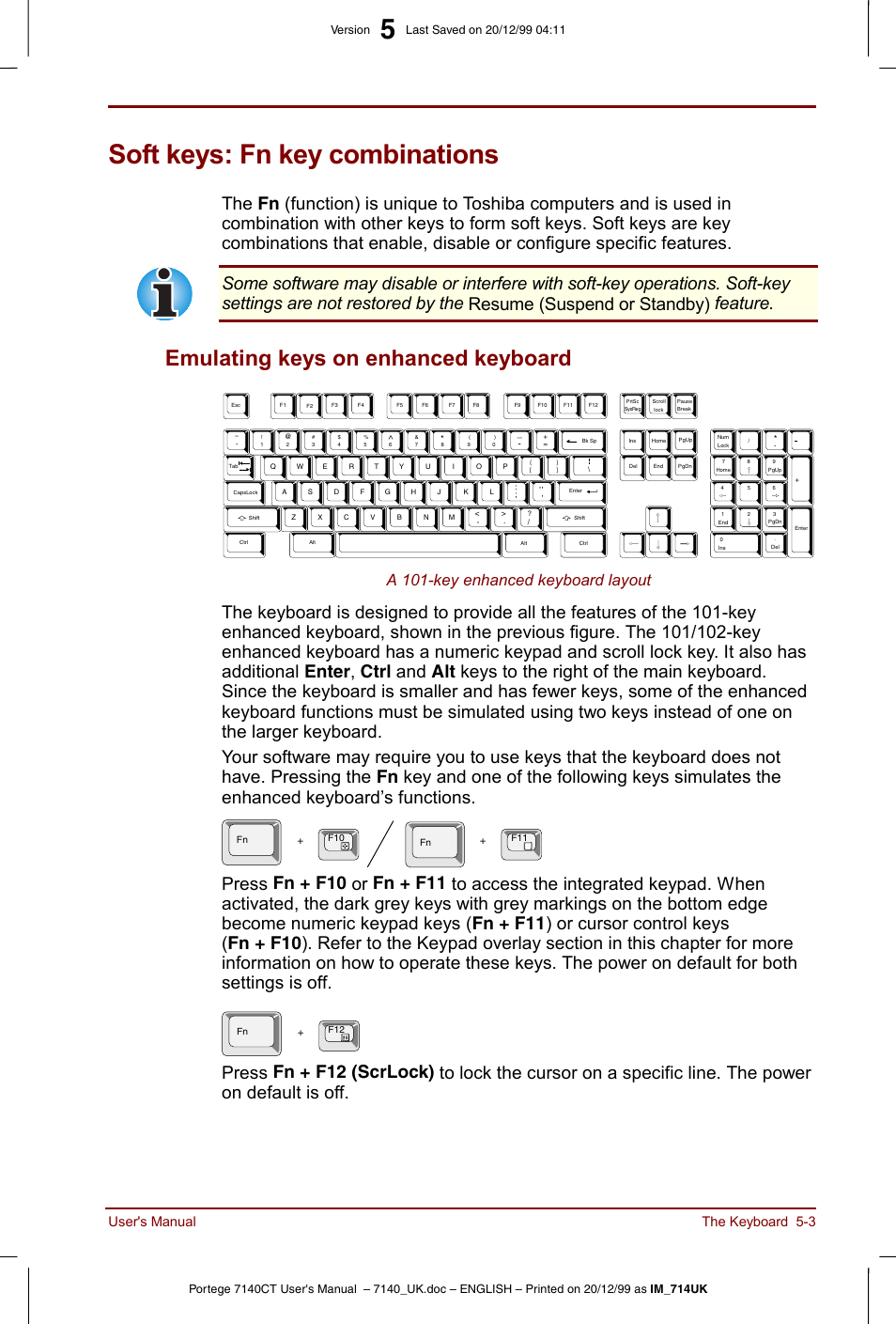 Soft keys: fn key combinations, Soft keys: fn key combinations -3, Emulating keys on enhanced keyboard -3 | Emulating keys on enhanced keyboard, A 101-key enhanced keyboard layout, User's manual the keyboard 5-3 | Toshiba Portege 7140 User Manual | Page 63 / 196