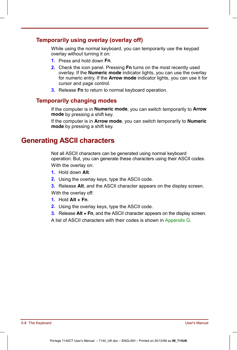 Generating ascii characters, Generating ascii characters -8, Temporarily using overlay (overlay off) | Temporarily changing modes | Toshiba Portege 7140 User Manual | Page 68 / 196