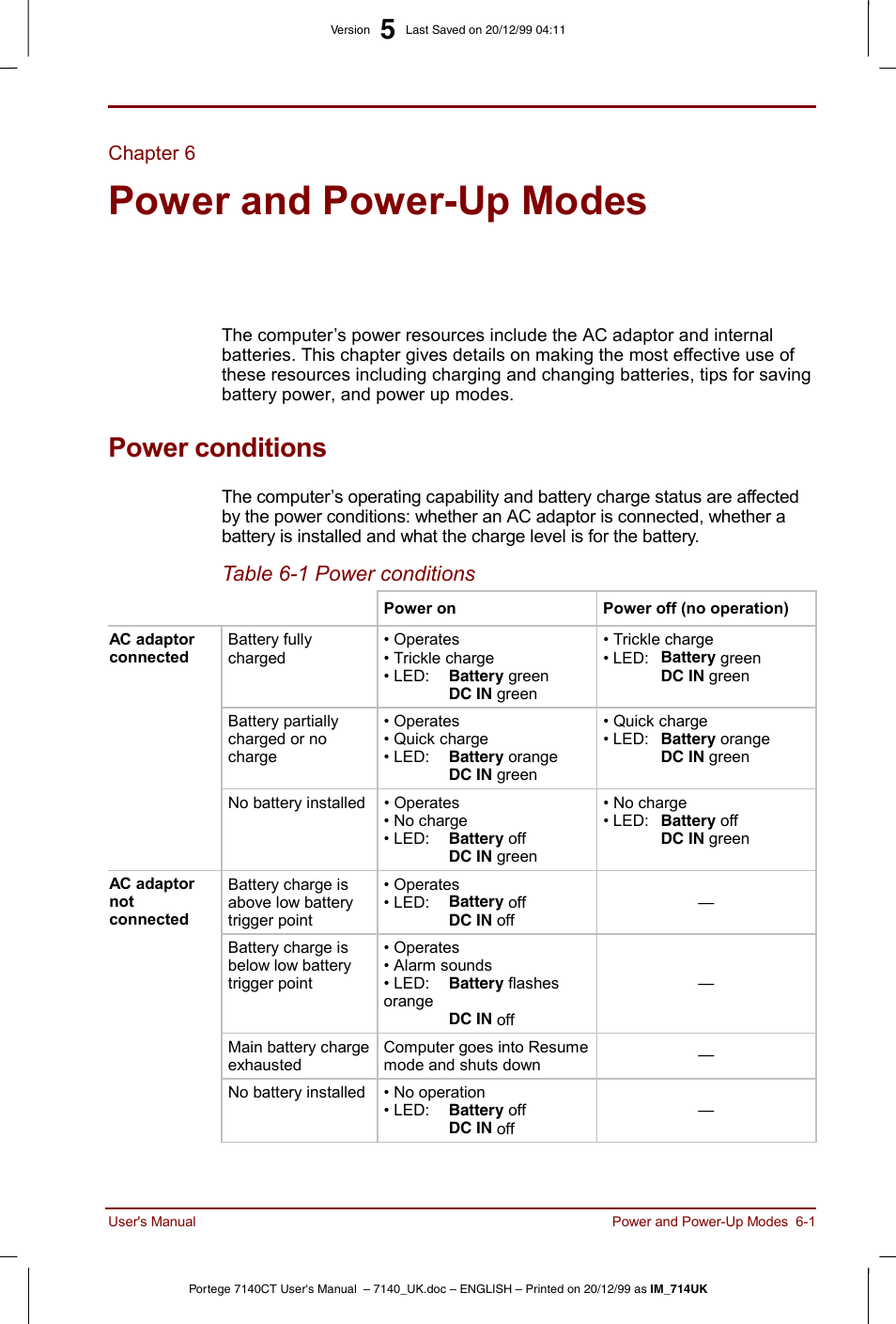 Chapter 6, Power and power-up modes, Power conditions | Chapter 6: power and power-up modes, Power conditions -1, Hapter 6, Power, And power-up modes, Table 6-1 power conditions | Toshiba Portege 7140 User Manual | Page 69 / 196