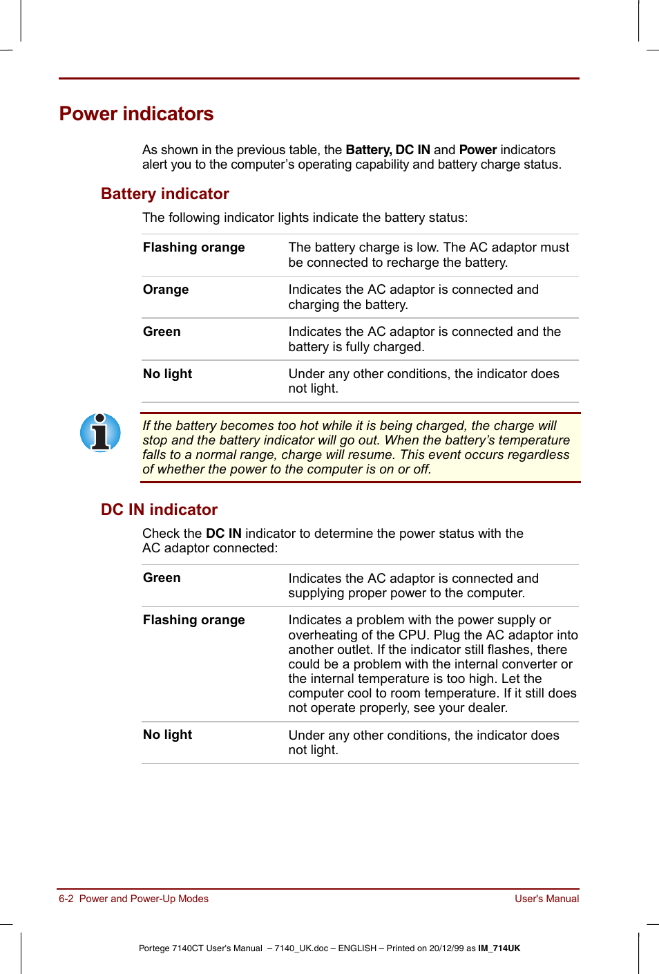 Power indicators, Power indicators -2, Battery indicator -2 dc in indicator -2 | Battery indicator, Dc in indicator | Toshiba Portege 7140 User Manual | Page 70 / 196