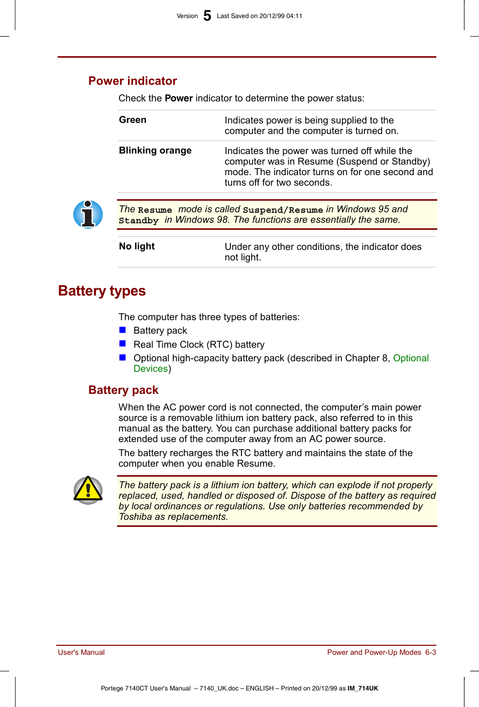 Battery types, Power indicator -3, Battery types -3 | Battery pack -3, Power indicator, Battery pack | Toshiba Portege 7140 User Manual | Page 71 / 196