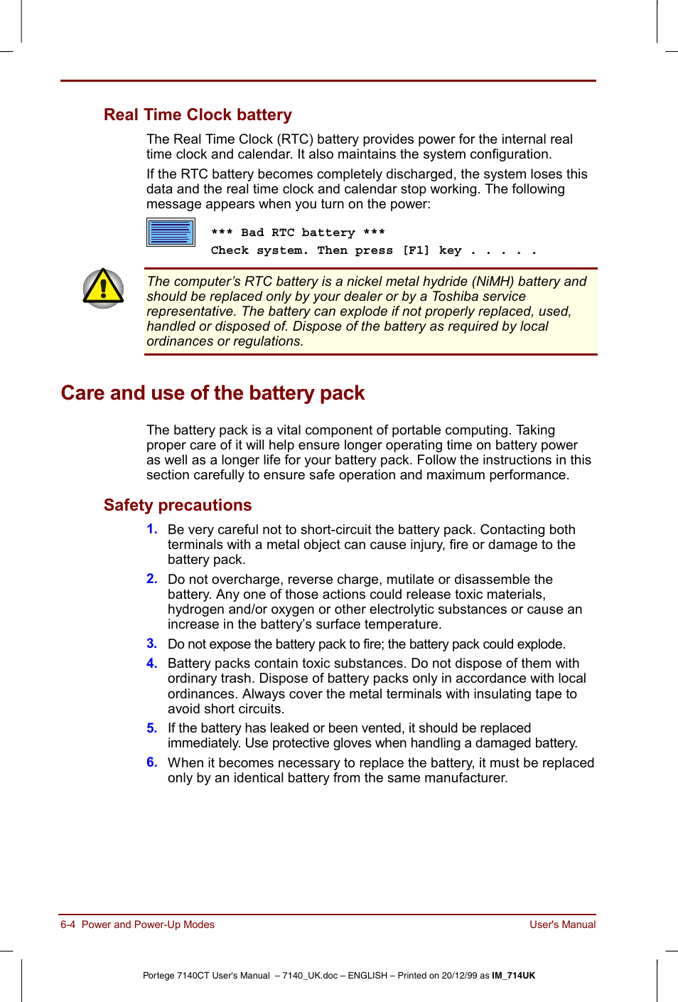 Care and use of the battery pack, Real time clock battery -4, Care and use of the battery pack -4 | Safety precautions -4, Real time clock battery, Safety precautions | Toshiba Portege 7140 User Manual | Page 72 / 196