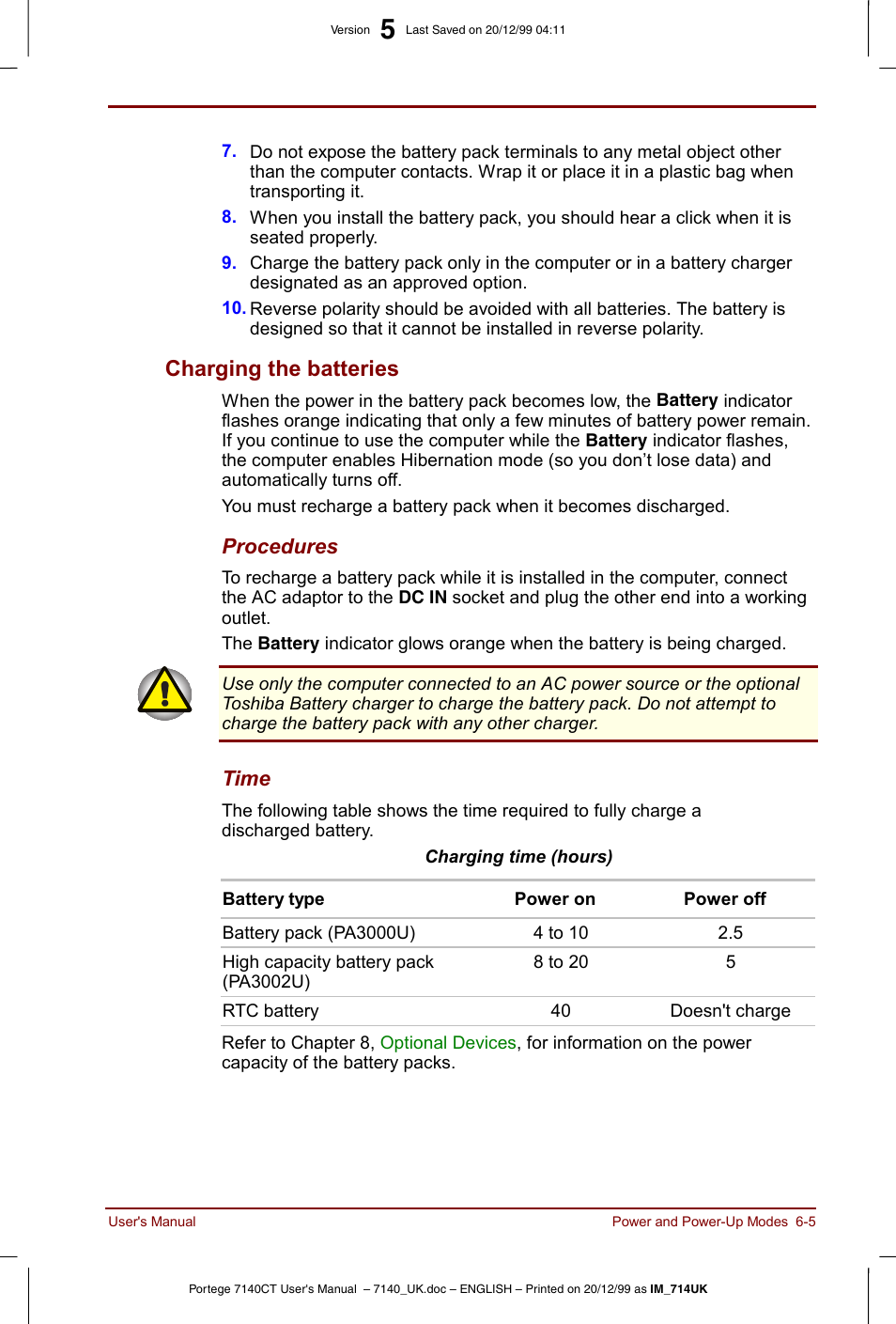 Charging the batteries -5, Charging the batteries | Toshiba Portege 7140 User Manual | Page 73 / 196