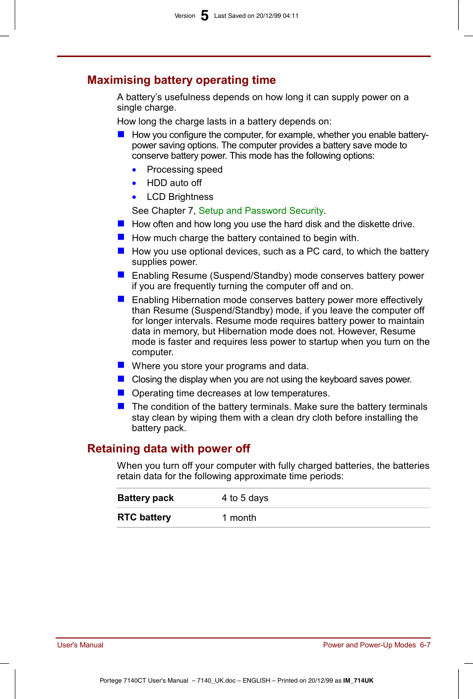 Maximising battery operating time, Retaining data with power off | Toshiba Portege 7140 User Manual | Page 75 / 196