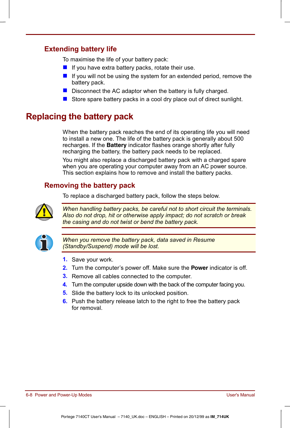 Replacing the battery pack, Extending battery life -8, Replacing the battery pack -8 | Removing the battery pack -8, Extending battery life, Removing the battery pack | Toshiba Portege 7140 User Manual | Page 76 / 196