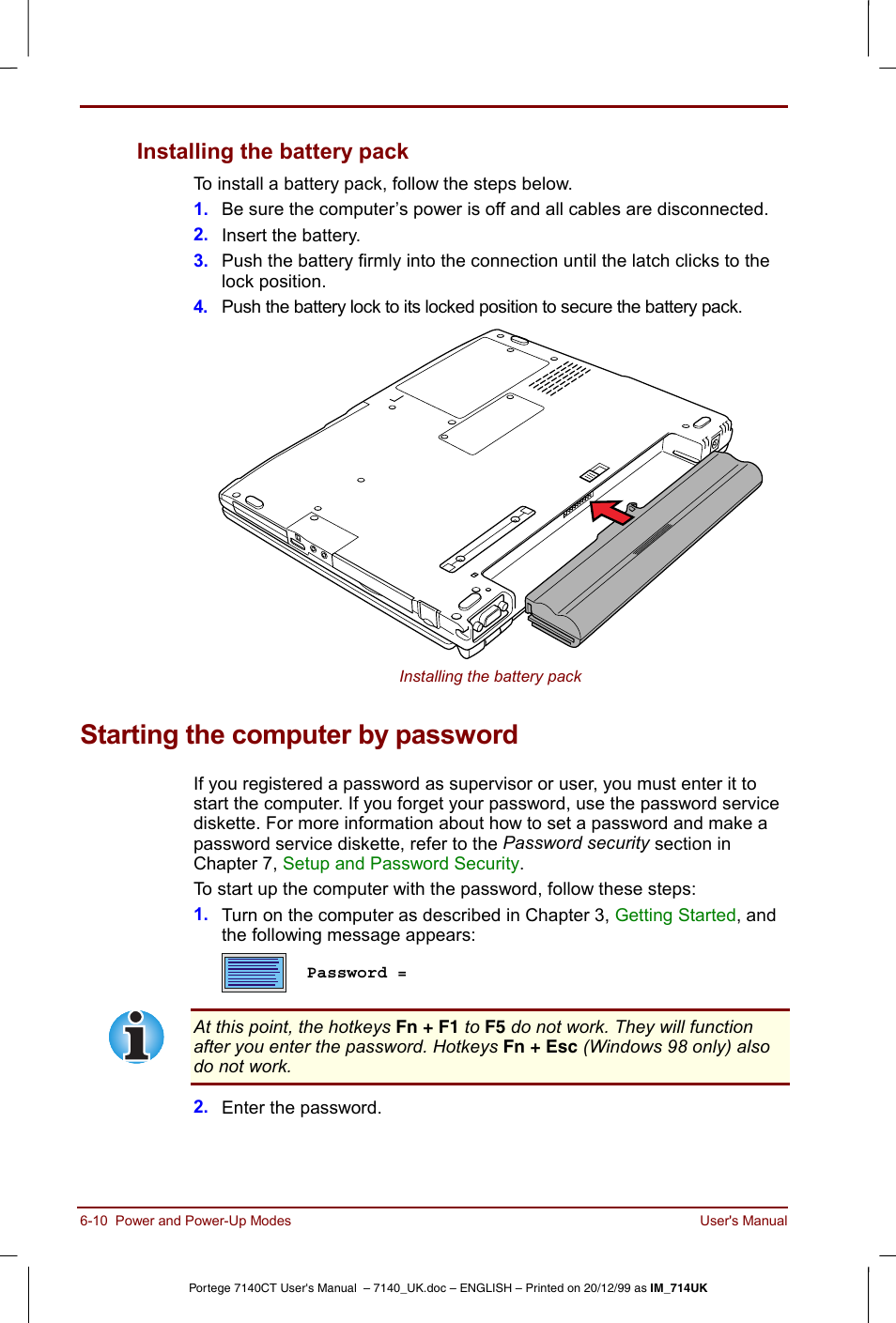 Starting the computer by password, Installing the battery pack -10, Starting the computer by password -10 | Installing the battery pack | Toshiba Portege 7140 User Manual | Page 78 / 196