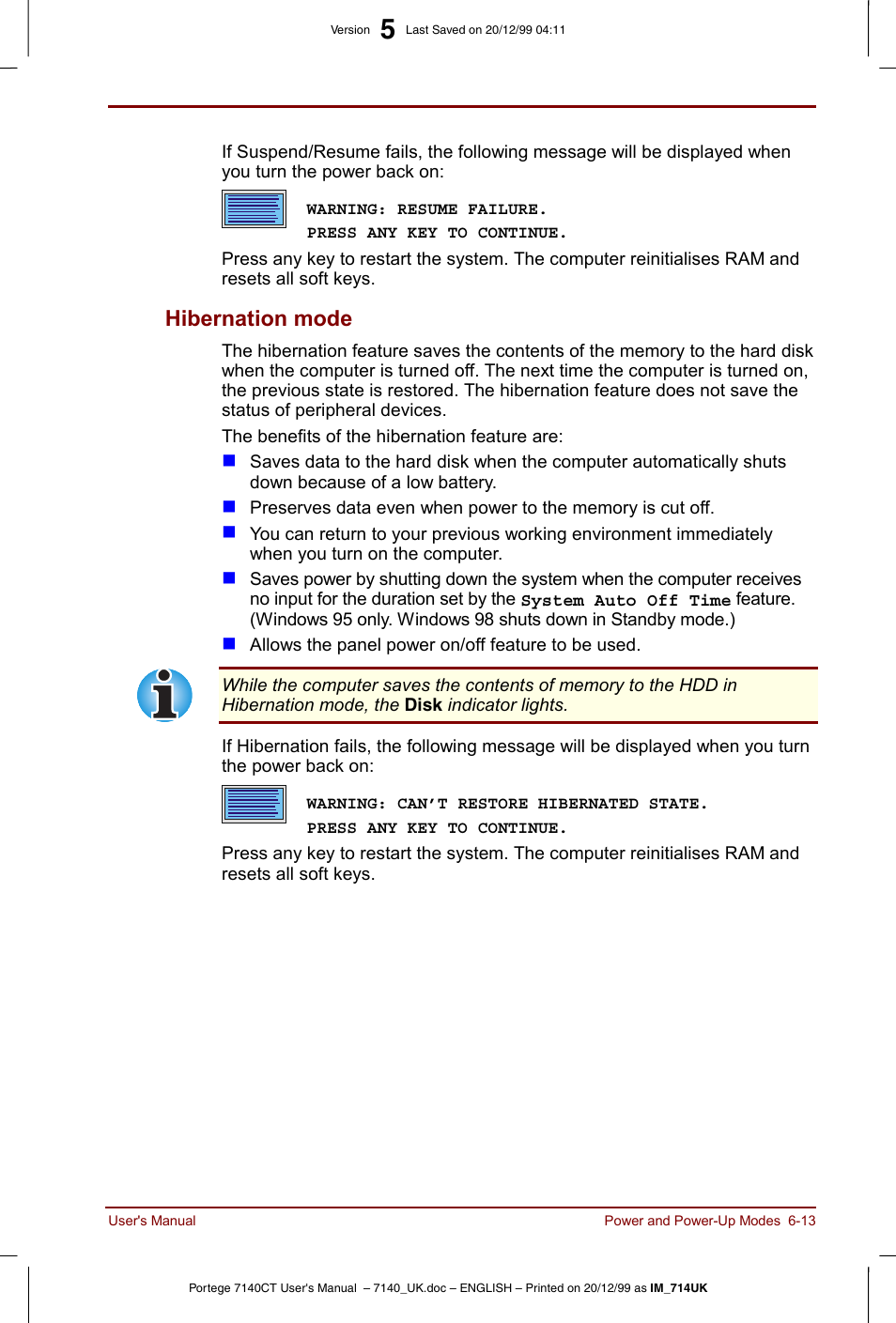 Hibernation mode -13, Hibernation mode | Toshiba Portege 7140 User Manual | Page 81 / 196