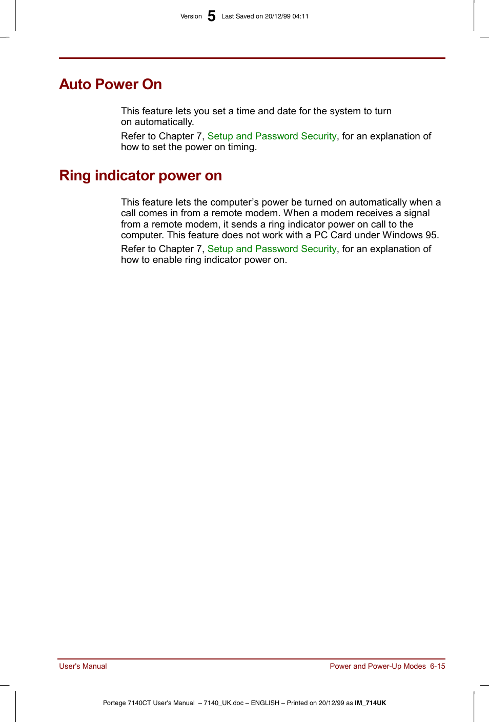 Auto power on, Ring indicator power on, Auto power on -15 ring indicator power on -15 | Toshiba Portege 7140 User Manual | Page 83 / 196