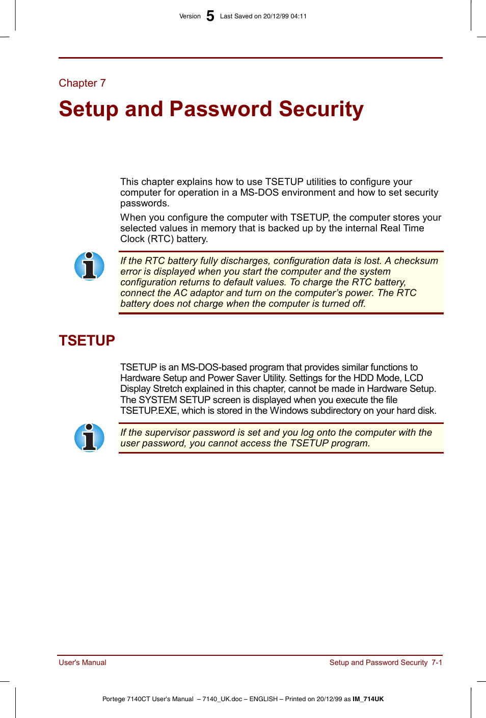 Chapter 7, Setup and password security, Tsetup | Chapter 7: setup and password security, Tsetup -1, Setup and, Password security, If y, Describes how, Hapter 7 | Toshiba Portege 7140 User Manual | Page 85 / 196