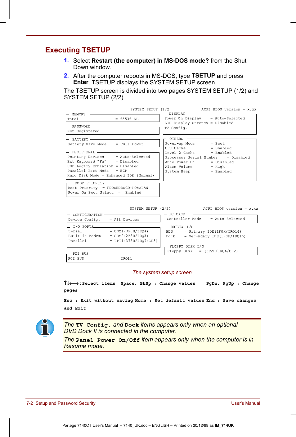 Executing tsetup -2, Executing tsetup, The system setup screen | Toshiba Portege 7140 User Manual | Page 86 / 196