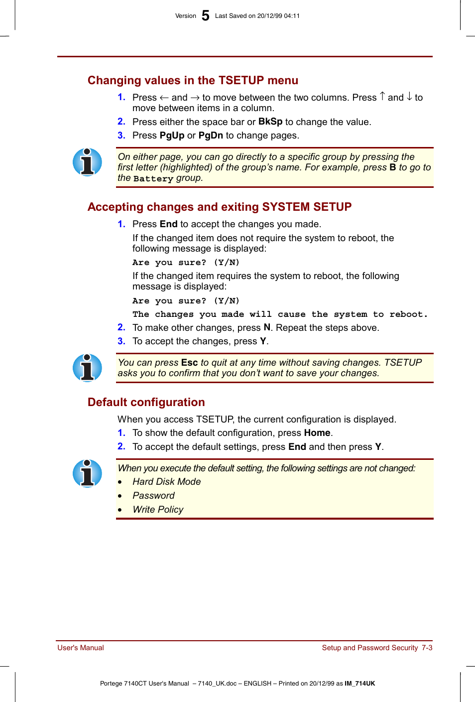 Changing values in the tsetup menu, Accepting changes and exiting system setup, Default configuration | Toshiba Portege 7140 User Manual | Page 87 / 196