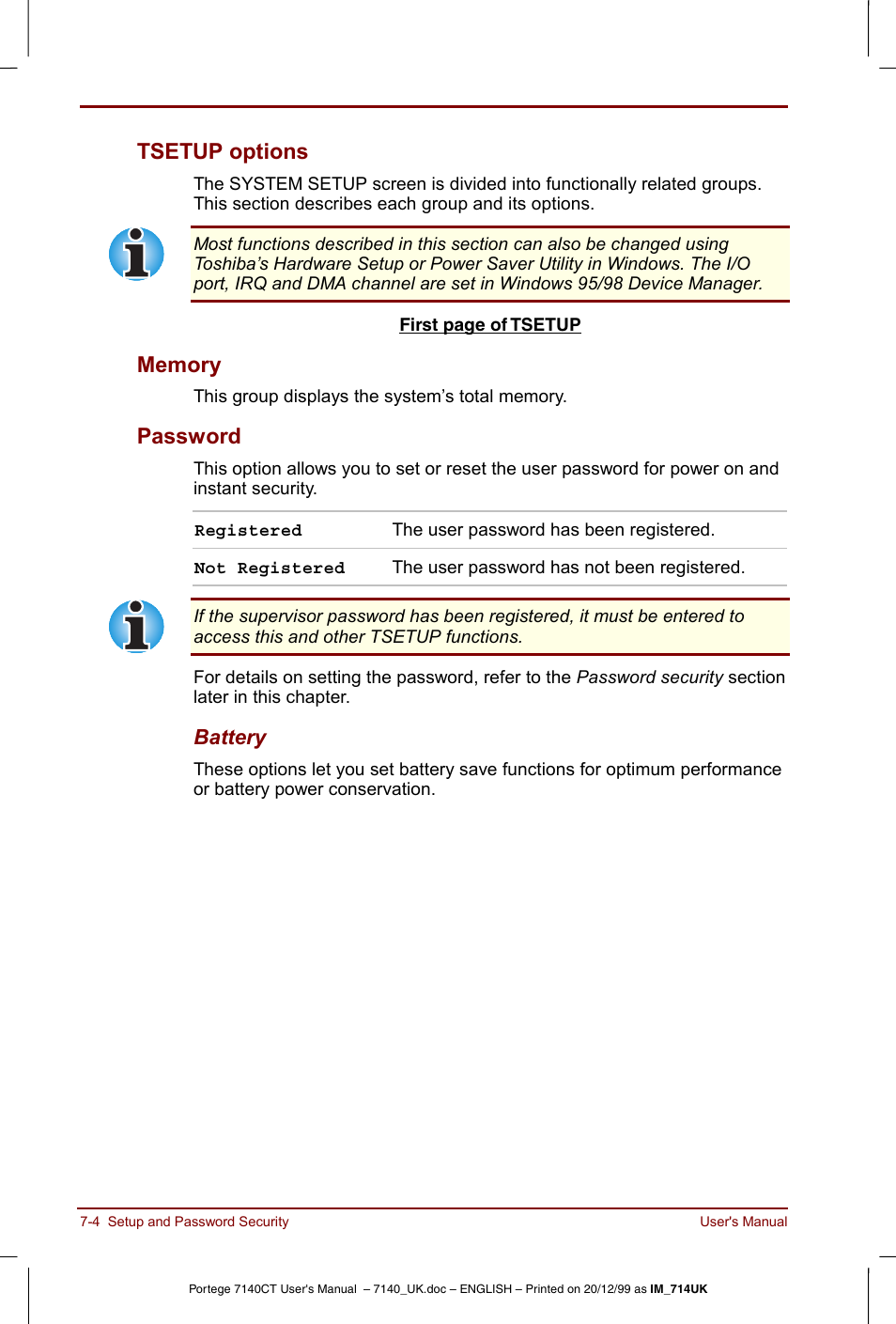 Tsetup options -4 memory -4 password -4, Tsetup options, Password | Toshiba Portege 7140 User Manual | Page 88 / 196