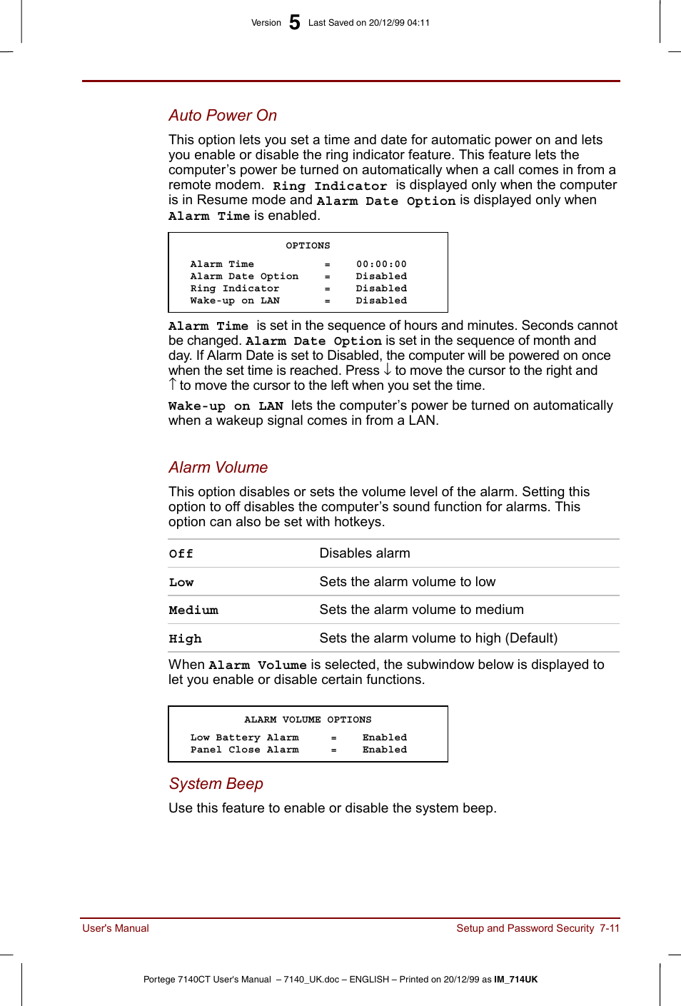 Auto power on, Alarm volume, System beep | Toshiba Portege 7140 User Manual | Page 95 / 196