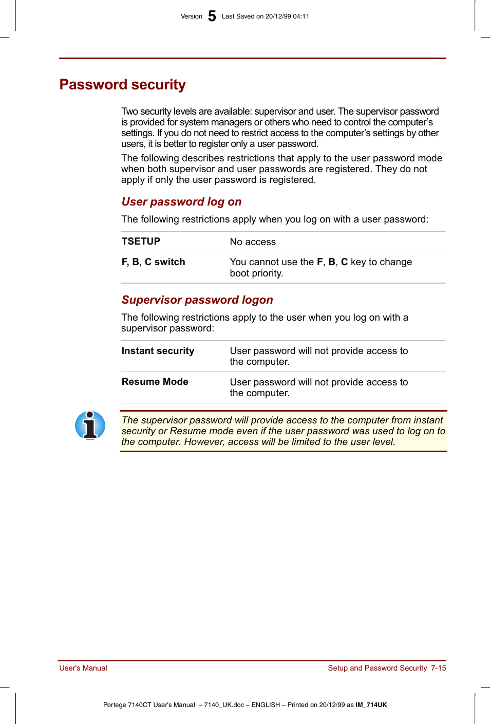 Password security, Password security -15 | Toshiba Portege 7140 User Manual | Page 99 / 196