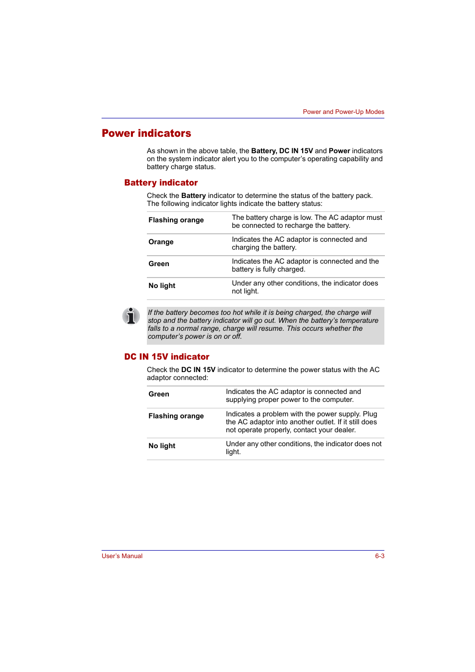 Power indicators, Battery indicator, Dc in 15v indicator | Power indicators -3, Battery indicator -3 dc in 15v indicator -3 | Toshiba Tecra A2 User Manual | Page 101 / 198