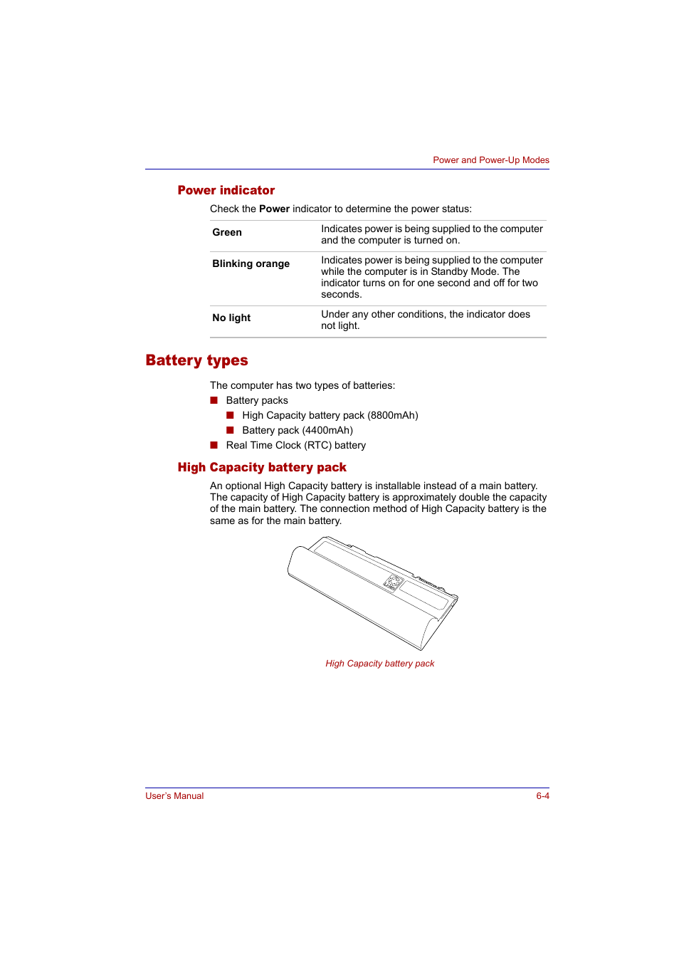 Power indicator, Battery types, High capacity battery pack | Power indicator -4, Battery types -4, High capacity battery pack -4 | Toshiba Tecra A2 User Manual | Page 102 / 198